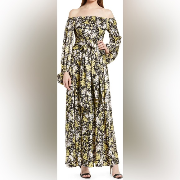 FOURTEEHTH PLACE Vaiana Long Sleeve Tie Waist Off the Shoulder Satin Maxi Dress - Picture 2 of 6